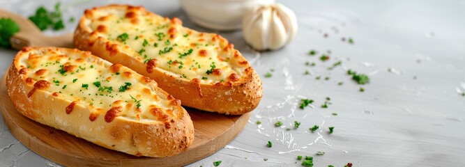 Two slices of freshly baked garlic bread with melted cheese and parsley on a wooden board, served on a light marble background.