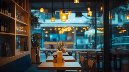 Poster - a photograph showcasing a sophisticated smart lighting system in a restaurant dynamically adjusting 