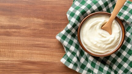 Wall Mural - A rustic wooden table features a bowl filled with creamy Greek yogurt alongside a wooden spoon, complemented by a green-and-white checkered cloth for a homey touch