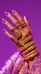 A woman is holding up her hands with a variety of gold bangles and bracelets