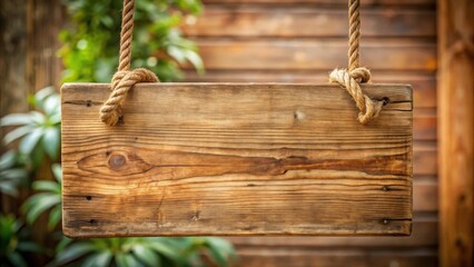 Poster - Wooden sign hanging from rope in rustic setting