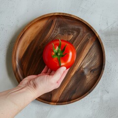 Poster - A hand holds a red tomato on a wooden platter.