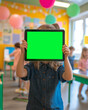 © julia_aldo - Child holding tablet with green screen in colorful classroom