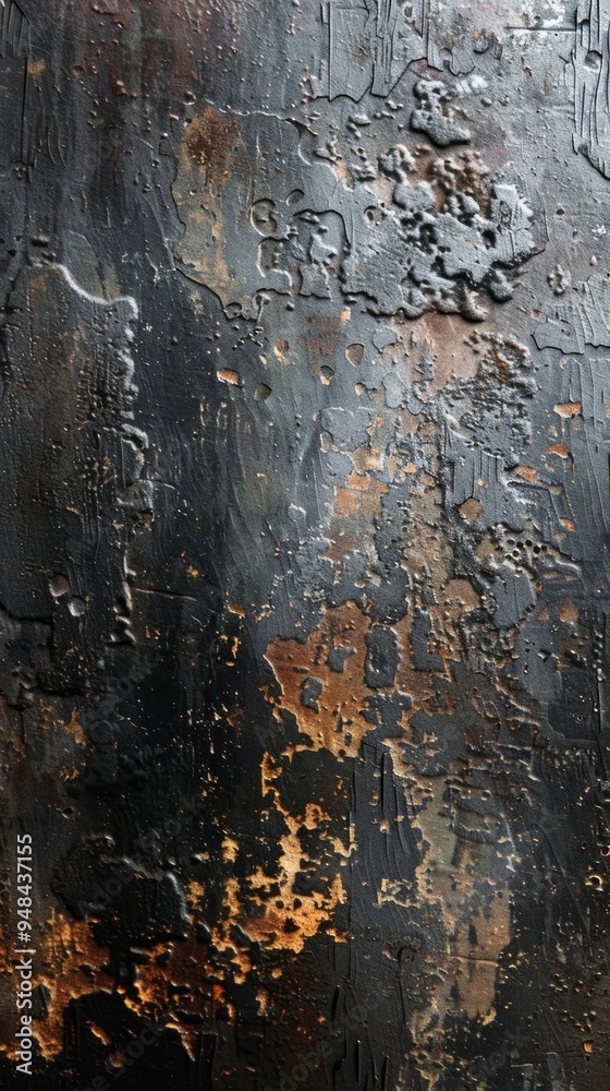 The close-up image shows a heavily rusted black iron surface with signs ...