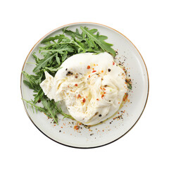 Wall Mural - Delicious burrata cheese, arugula and spices isolated on white, top view