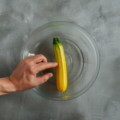 Poster - A hand points at a yellow zucchini on a glass plate.