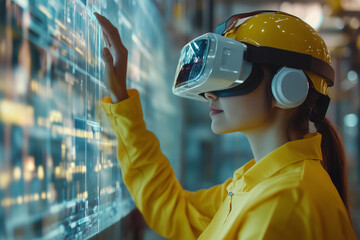 Female factory worker uses VR to boost production line efficiency in modern industry