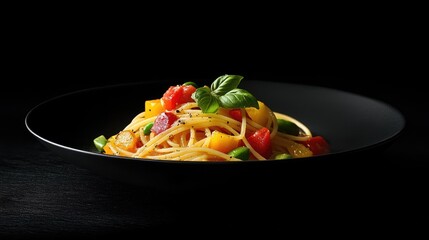 Sticker - An elegant vegetarian pasta dish, rich with colorful vegetables, served al dente on a black plate, against a dark,