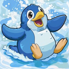 Wall Mural - A happy cartoon penguin waddles through water.