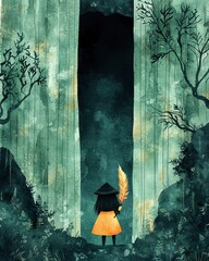 Sticker - A Young Girl Stands Before a Mysterious Gateway in a Watercolor Illustration