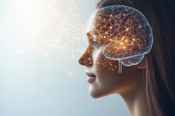 Canvas Print - Futuristic digital portrait of a woman with a glowing brain symbolizing the integration of human thought with advanced technology in a modern setting