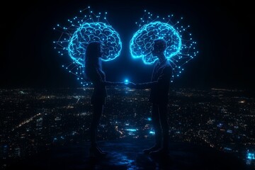 Sticker - Futuristic digital artwork of two figures with glowing brains symbolizing the intellectual connection and shared knowledge in a cosmic abstract setting