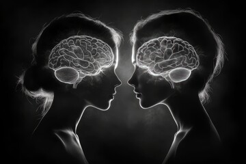 Canvas Print - Monochrome digital portrait of a couple with puzzle shaped brains symbolizing the intellectual connection and shared thoughts in a minimalist design