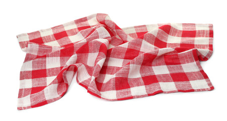 Poster - Crumpled tablecloth with checkered pattern isolated on white, top view