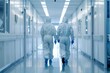 © useful pictures - Two Engineers/ Scientists in Hazmat Sterile Suits Walking Through Technologically Advanced Factory/ Laboratory. Clean High-Tech Environment with CNC Machinery.