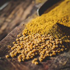 Wall Mural - Fenugreek seeds and powder displayed on a traditional wooden surface