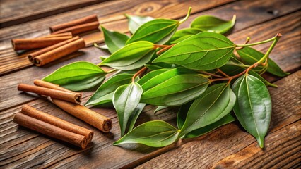 Freshly harvested cinnamomum camphora leaves and twigs lie scattered on a rustic wooden table, emitting a warm, inviting aroma amidst soft, natural lighting.