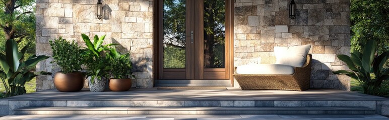 Poster - 3D rendering of natural stone cladding applied to finish a concrete porch with decorative tiles