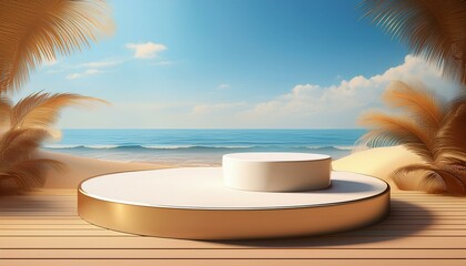 3D podium on a summer beach, showcasing cosmetics with a sea and sky backdrop, ideal for sales and travel ads.