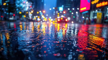 Wall Mural - Urban Serenity: Night Rain on City Streets with Glistening Pavement Reflections