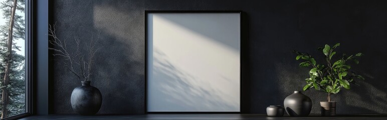 Poster - Dark interior backdrop with a blank picture frame mockup 3D rendering