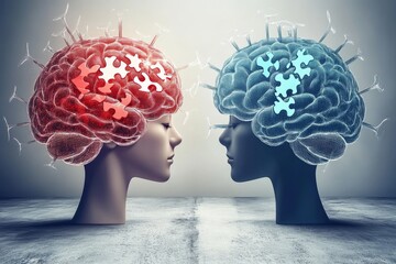 Canvas Print - Modern digital illustration of two faces with puzzle shaped brains symbolizing the intricate process of intellectual discovery and emotional connection