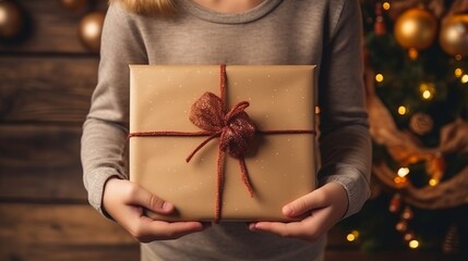 Wall Mural - Spread the Holiday Joy: An Overhead Glimpse of Woman's Hands Wrapping a Book for Christmas