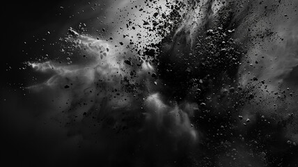 black charcoal powder exploding against an isolated white background, creating a dynamic burst of da