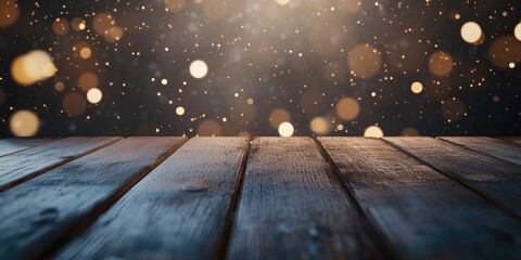 Poster - 3D rendering of an empty wooden table surface against a white bokeh abstract background ideal for showcasing your work or product Concepts related to Christmas and New Year