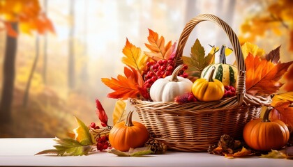 Wall Mural - A festive and autumnal scene of a basket filled with colorful leaves and berries, nestled amongst pumpkins and gourds.