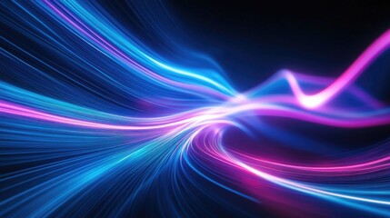 Poster - glowing neon wavy lines in motion abstract background featuring technological light lines with a shi
