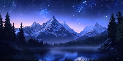 Aufkleber - 2D illustration featuring a night scene in the mountains created through 3D cartoon rendering Digital art