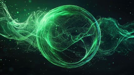 Poster - Futuristic sphere featuring vibrant waves and particle lines representing green energy and atomic electricity Abstract design