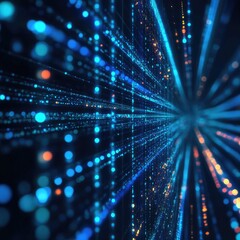 Poster - Vibrant blue particles create a mesmerizing abstract background, perfect for technology and digital themes.