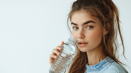 Sticker - Young woman drinking water from a plastic bottle, emphasizing refreshment and healthy hydration.