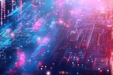 Poster - Vibrant digital circuit background with glowing lights and intricate patterns, showcasing modern technology and innovation.