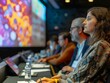 © pavlofox - Individuals attentively engaged during a presentation in a modern conference room with vibrant visuals displayed