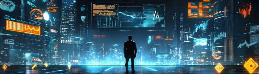 A futuristic business leader standing in a glowing cityscape with advanced technology and data visualization all around.