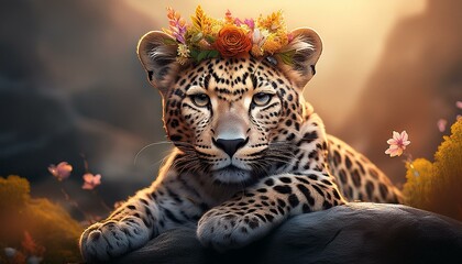 A leopard wearing a crown of flowers lounges on a rock.