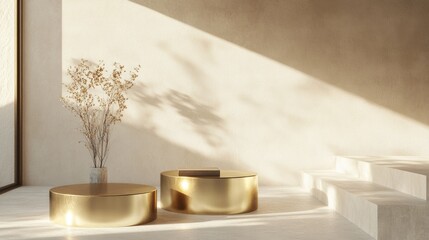 Poster - minimalist contemporary setting featuring golden pedestals 3d rendering