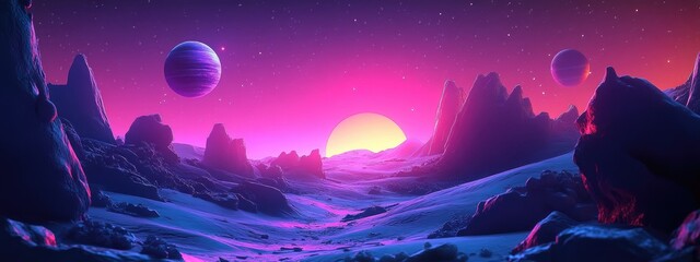 Poster - Unexplored planets in faraway space depicted in a high resolution 3D cartoon rendering perfect for science fiction fantasy enthusiasts and ideal for wallpaper and print