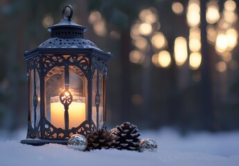 Canvas Print - Lantern glows in snowy forest