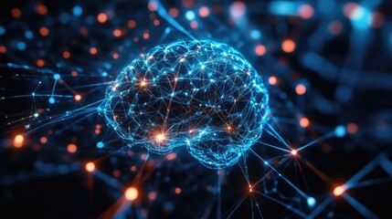 Poster - Futuristic 3D illustration of a digital brain showcasing intertwined synthetic neurons and electrical impulses within an advanced neural network High tech concepts for the future