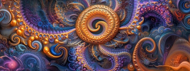 Leinwandbilder - Abstract fractal patterns and shapes depicted in a 3D cartoon rendering featuring dynamic flowing natural forms and a magical mandala with the OM symbol on a mysterious psychedelic relaxation patt