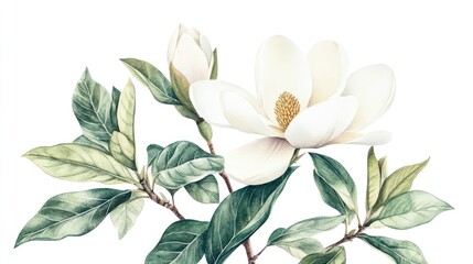 White magnolia flower blooming amidst leaves Handcrafted watercolor tropical plant illustration on a white backdrop Botanical design suitable for wedding invitations in a Japanese aesthetic