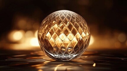 Poster - Polygon patterned glass sphere on a blurred dark brown background 3D rendering