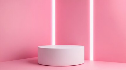 Poster - White and pink pedestal against a pink backdrop with neon lights for showcasing business products exhibitions fashion and cosmetics in 3D rendering