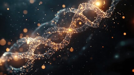 - Futuristic representation of neural networks and social connections with an abstract depiction of DNA and cells against a dark backdrop in a 3D illustration