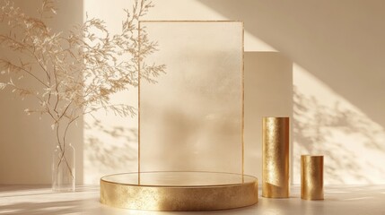 Poster - golden textured glass podium with a studio backdrop featuring a round pedestal square frame and two 
