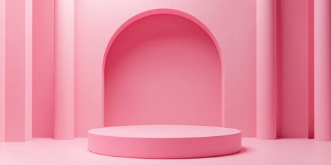 Fototapete - Minimalist 3D pink cylinder podium with abstract geometric shapes Rendered illustration for showcasing products